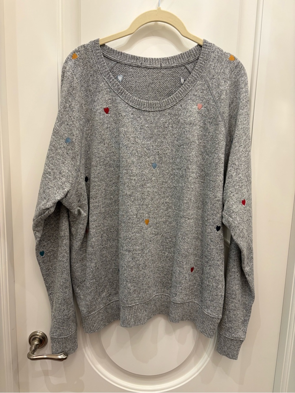 Rails Gray Crewneck Sweater with Multicolor Heart Embroidery